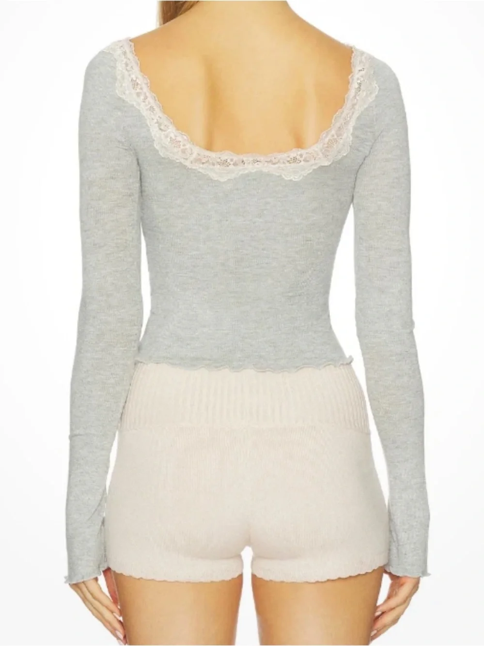 Free People Shirt Womens Small Gray Oh My Darling Long Sleeve Top Lace Trim NWT